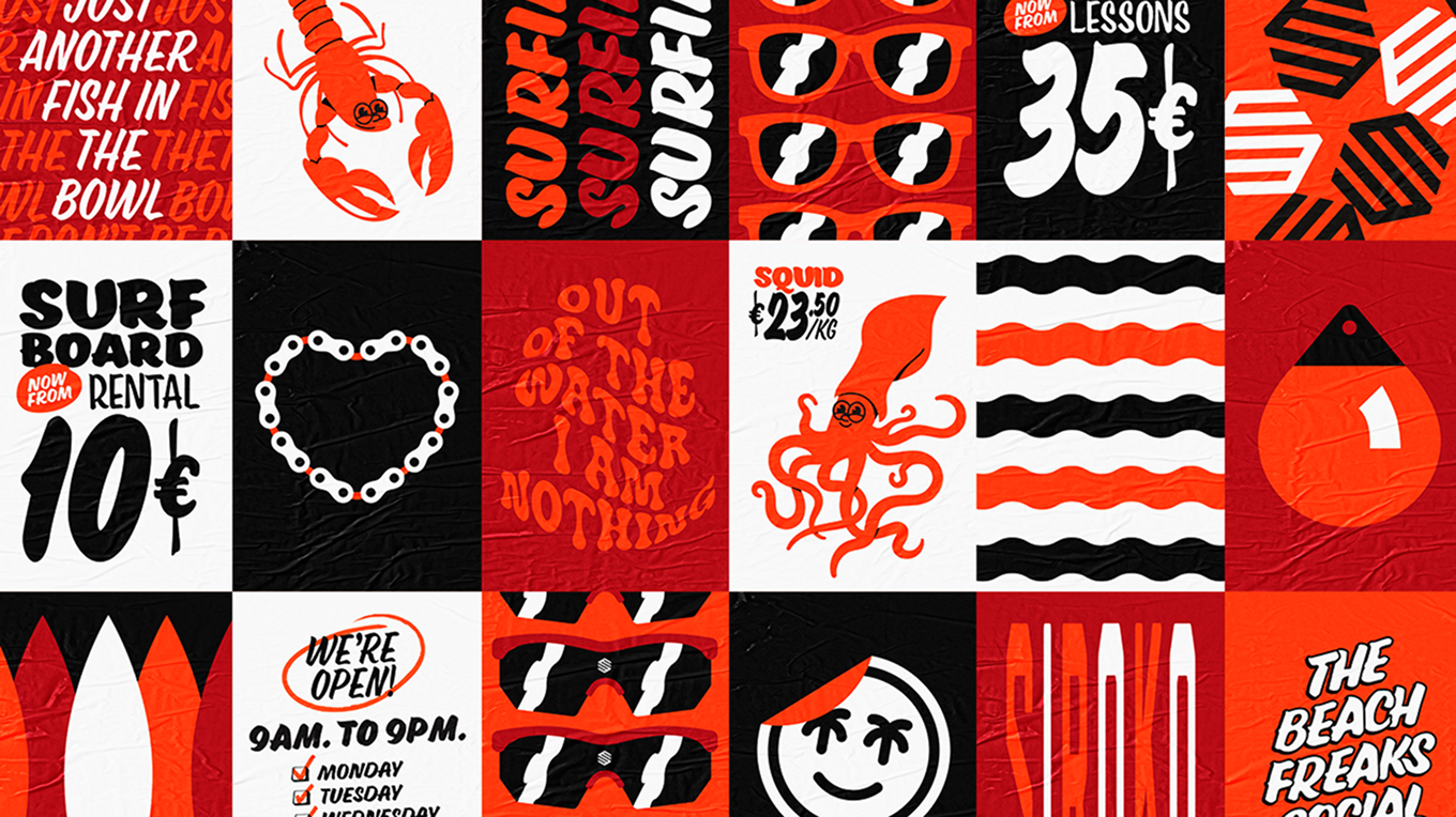 Mosaico tipográfico — campaña surf en rojo, blanco y negro