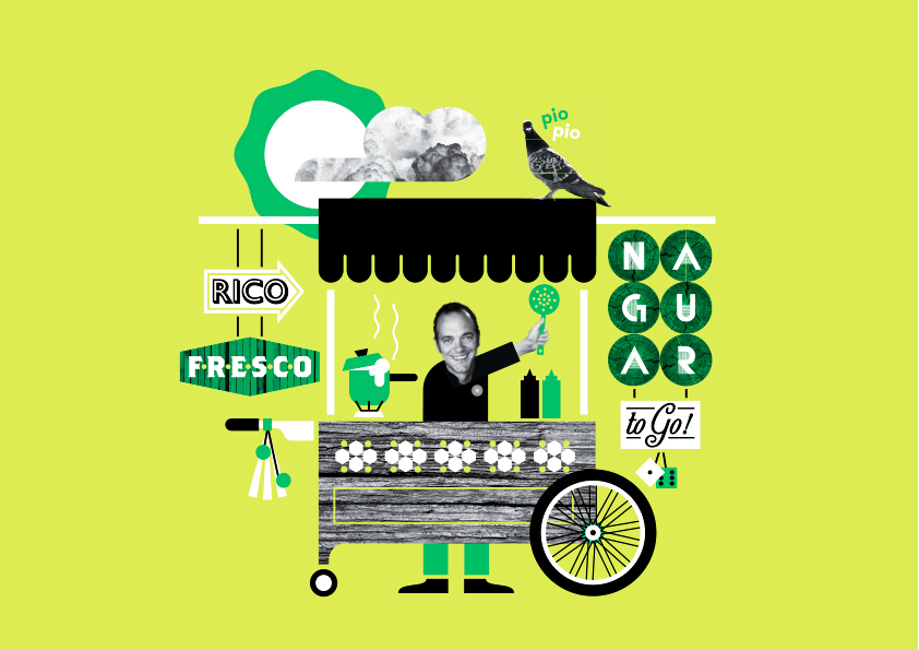 Naguar to go! — collage de identidad visual sobre verde lima