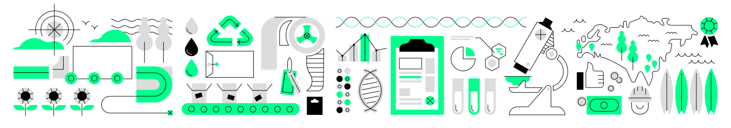 Ilustración panorámica — iconos de sostenibilidad y ciencia en verde lima